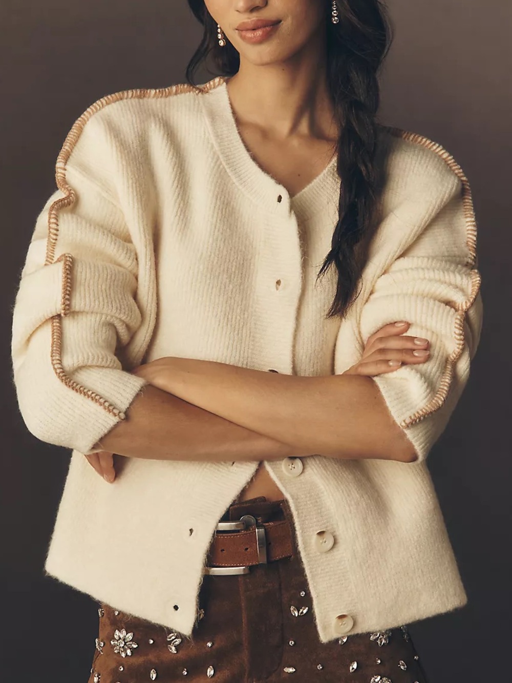 Anthropologie PILCRO WHIPSTITCH OVERSIZED CARDIGAN Knit SWEATER Cream Buttons - Picture 3 of 8